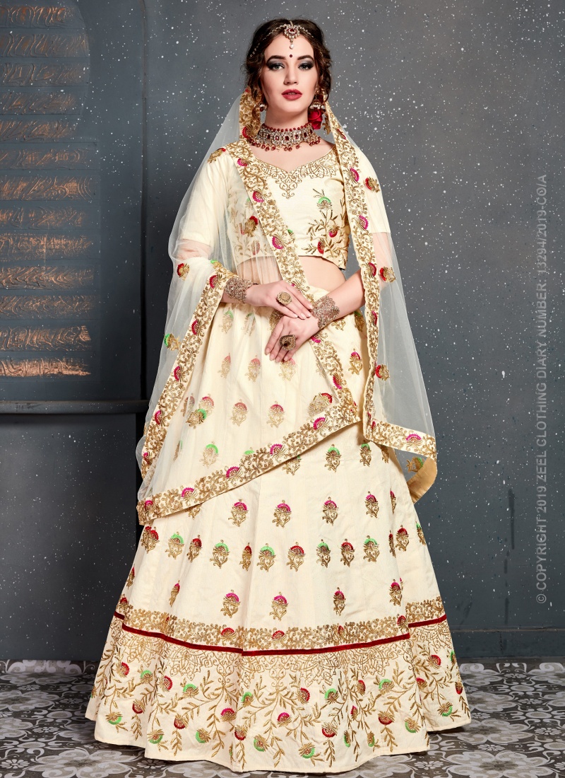 Buy Cream Slub Silk Diamond Work Wedding Lehenga Choli KF240618 Online UK